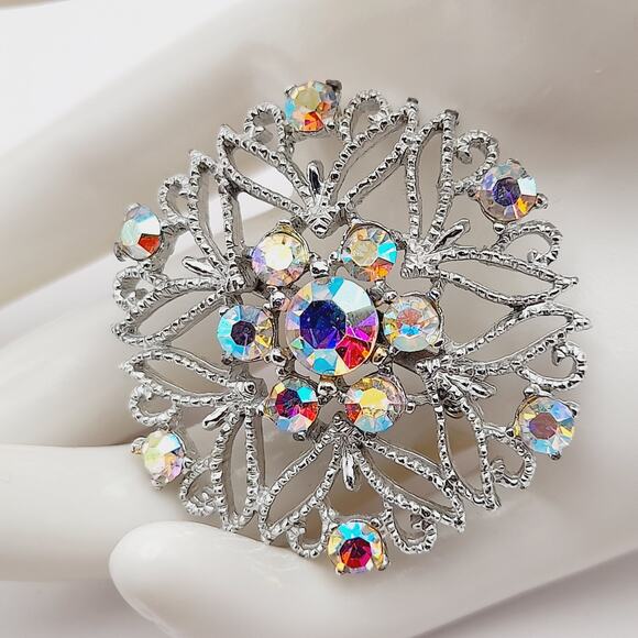 Vintage Snowflake Silver Tone Aurora Borealis Rhinestones 1 3/4 Inch Brooch - Picture 4 of 10